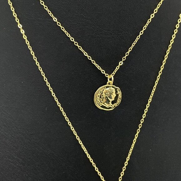 Sha Shi Queen Coin Double Chain Necklace Spring Ring Gold Tone 16-18 Inches - Picture 5 of 6